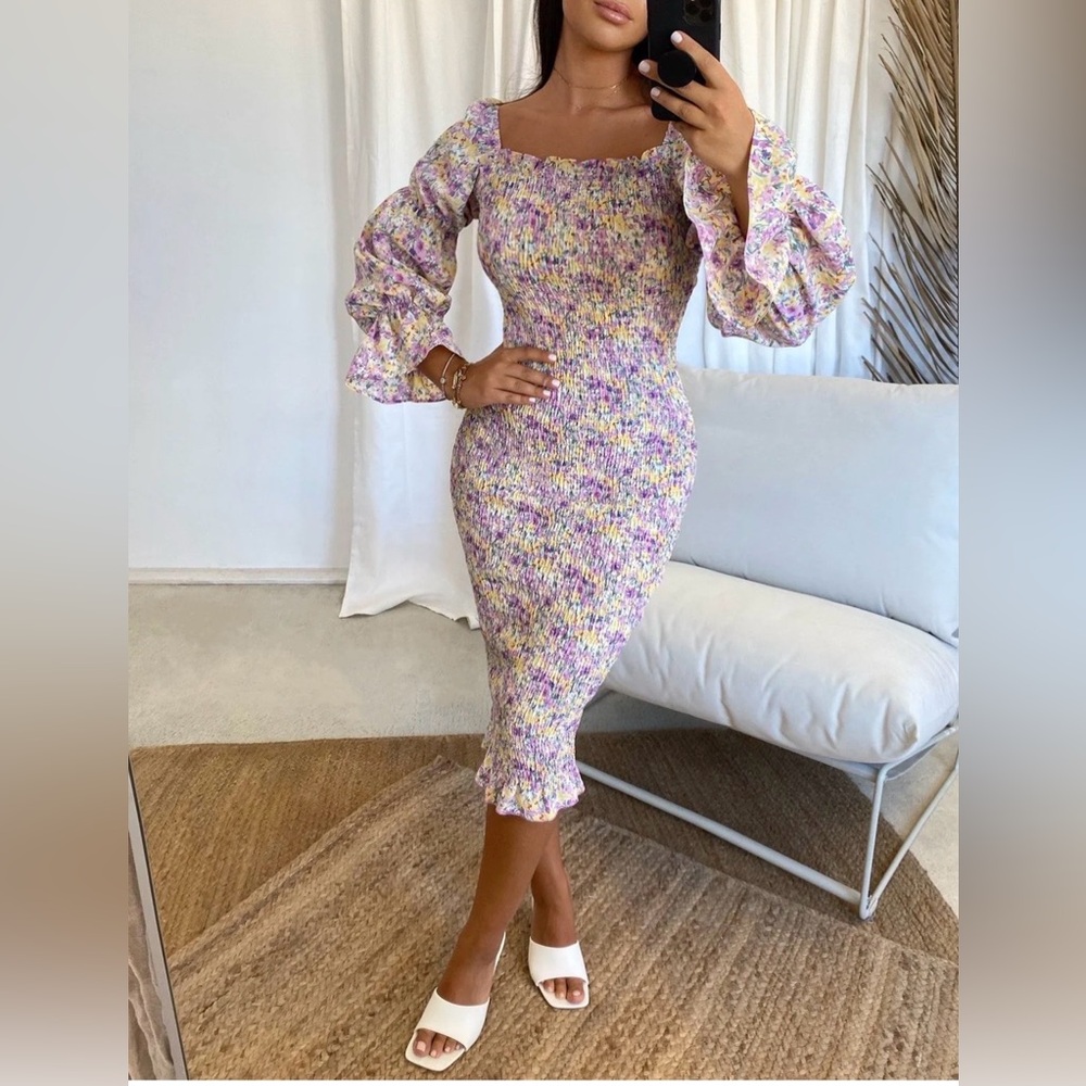 SNDYS Off-Shoulder Smocked Floral Midi Dress in Lilac